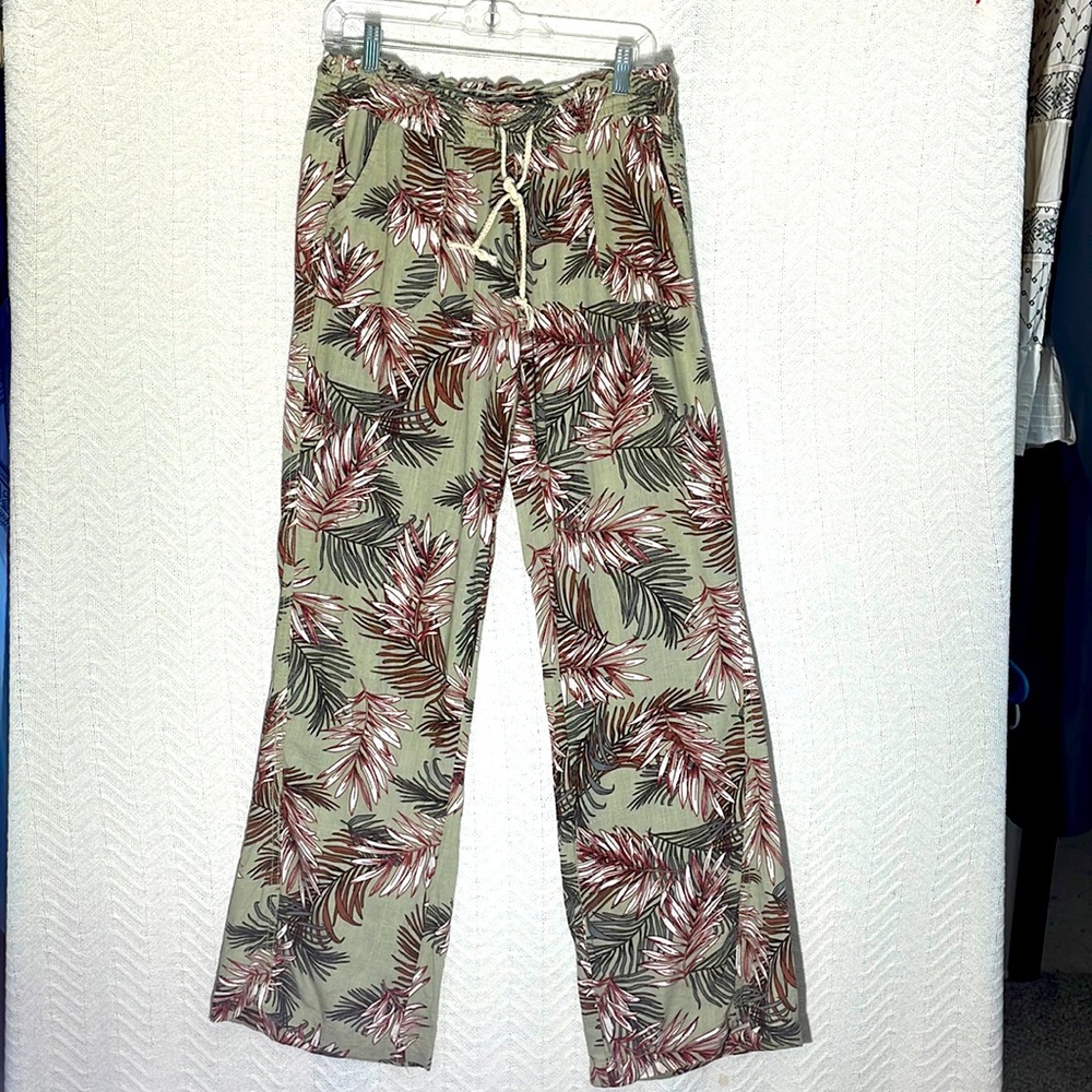 CALI 1850 Linen Pants Leisure Sage Palm Tropical Hawaii Beach Drawstring Size L